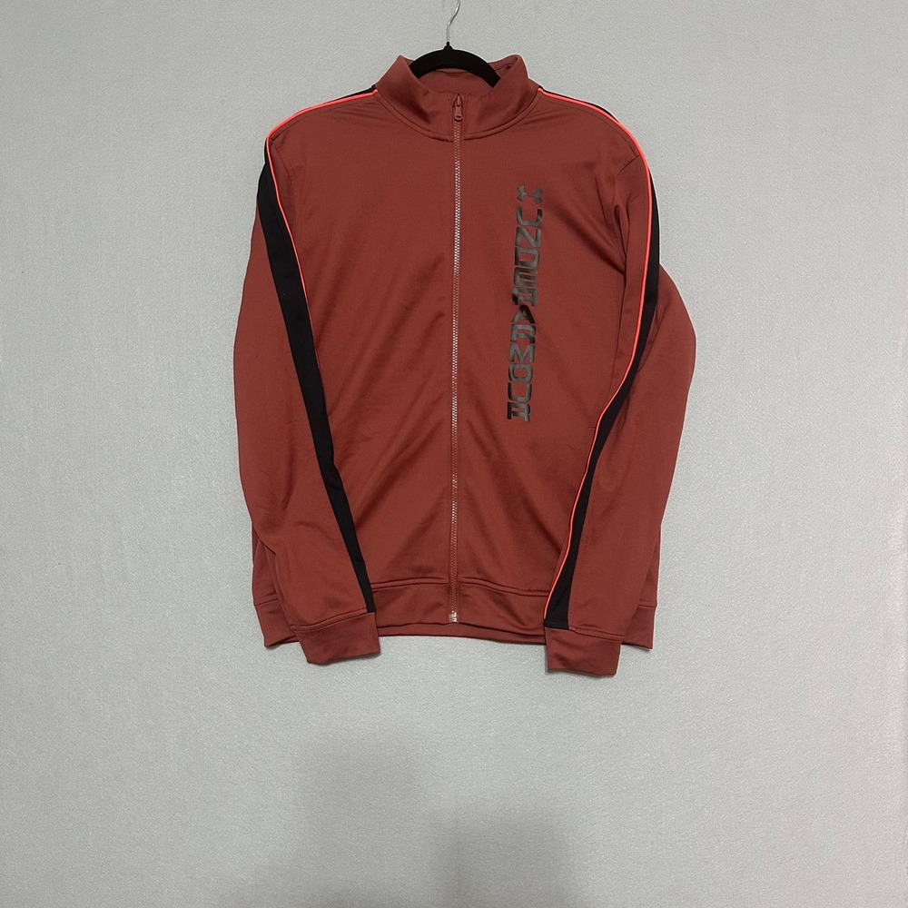 Under Armour Mens Track Jacket Large Rust Orange Black Stripe Full Zip Athletic